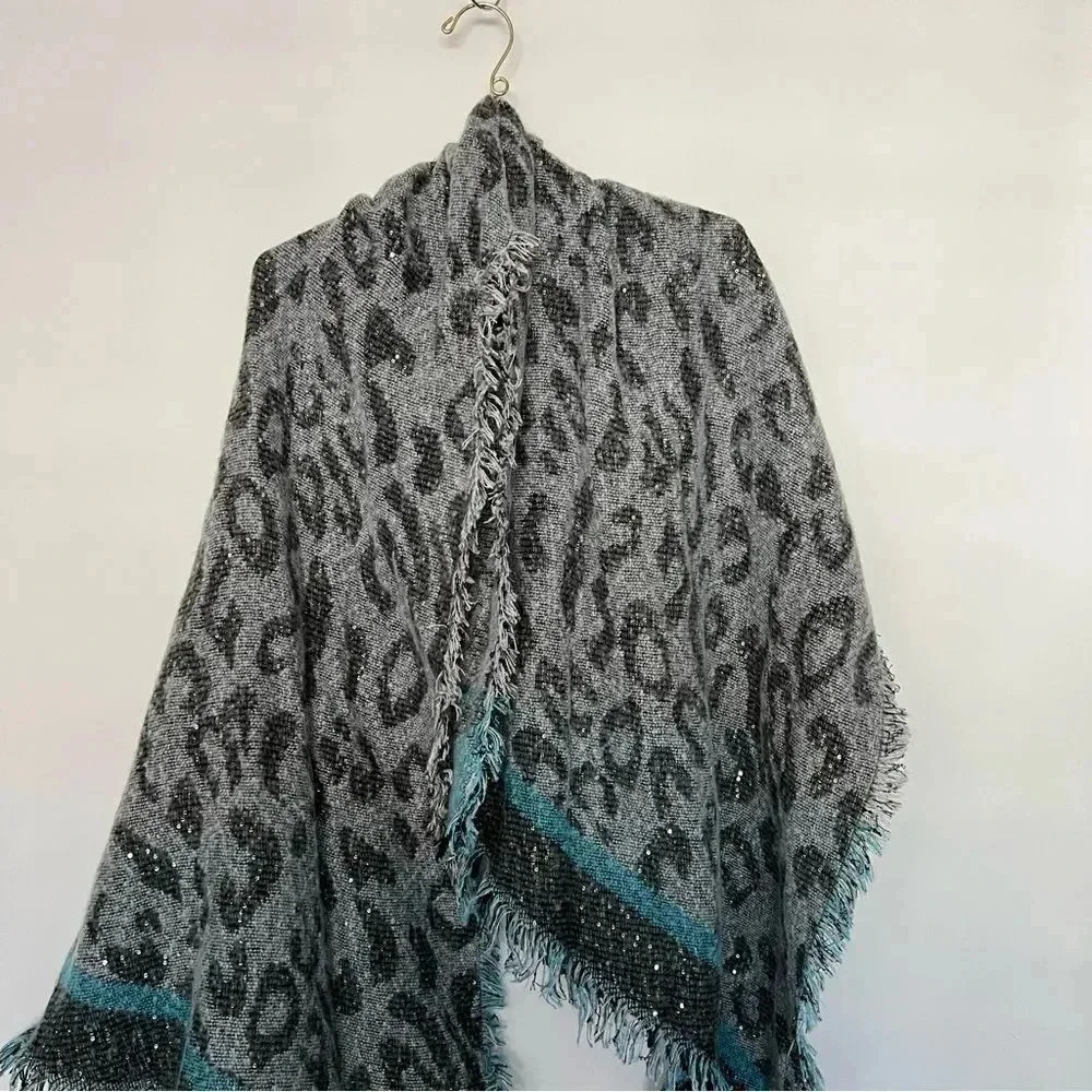 INC International Concepts Leopard Print Sequin Wrap Scarf Gray Black Blue